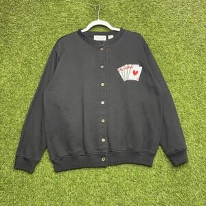 Shenanigans Cardigan Sweater Mens Medium Black Playing Cards Embroidered Poker